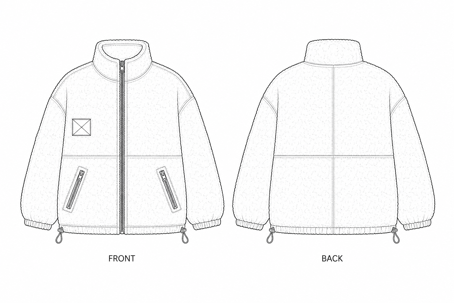 138 Coat Sewing Pattern | Kids Sherpa Zip Jacket front and back technical drawing