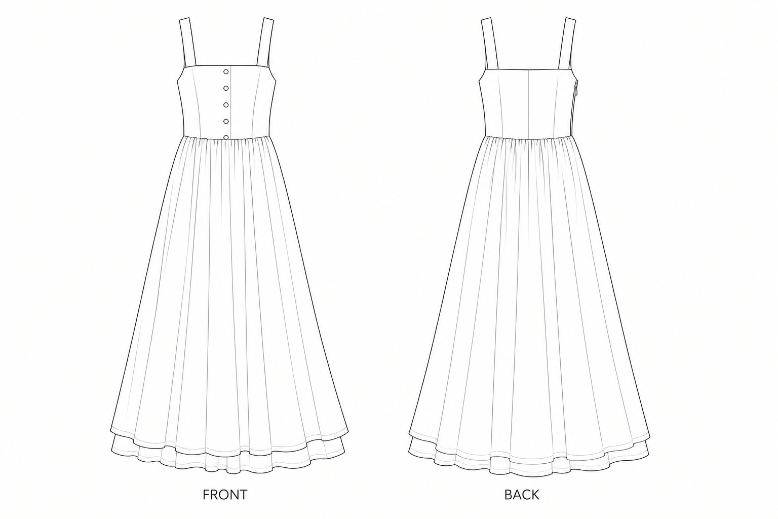 1383 Skirt Sewing Pattern | Ivory Camisole Maxi Dress front and back technical drawing