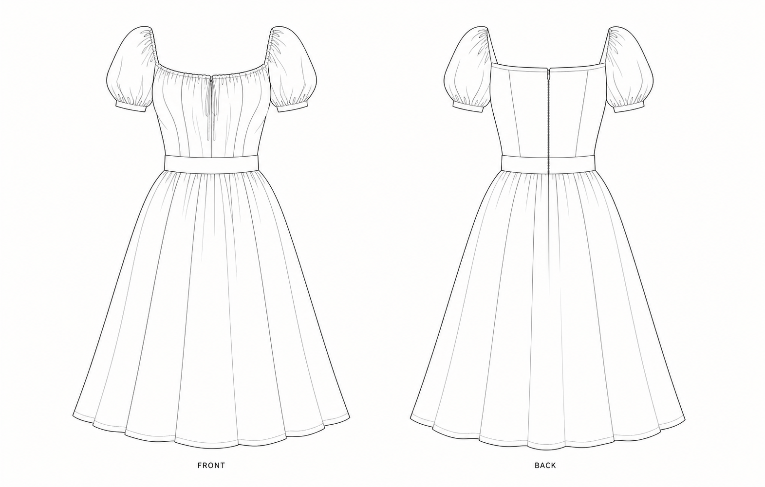 1385 Dress Sewing Pattern front and back technical drawing