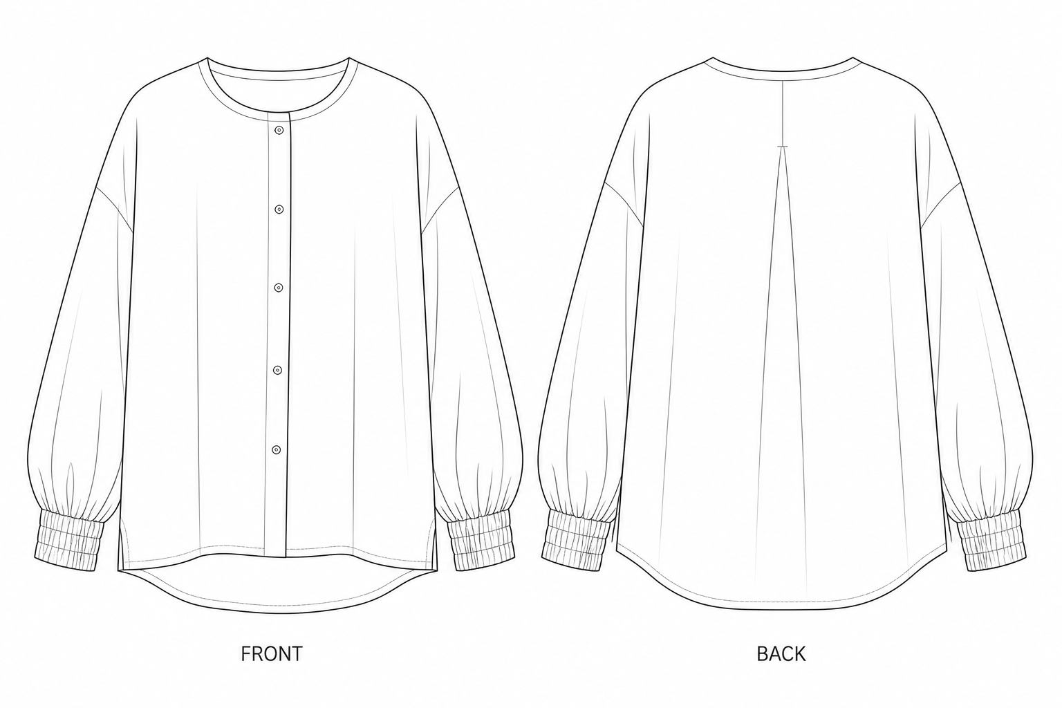 1398 Shirt Sewing Pattern | Oversized Aubergine Shirt front and back technical drawing