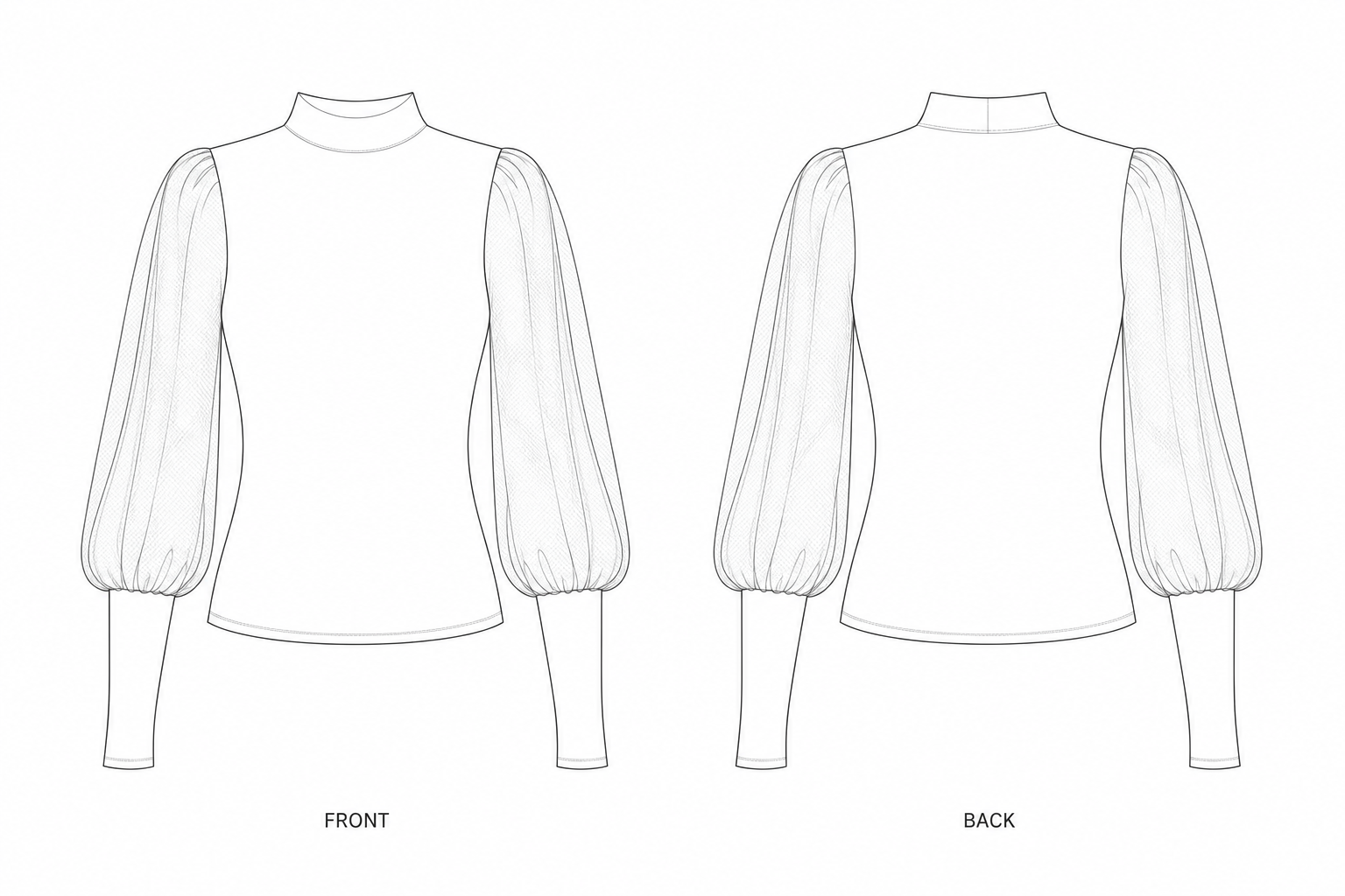 1403 Top Sewing Pattern | Women's Double Layer Balloon Sleeve Top front and back technical drawing