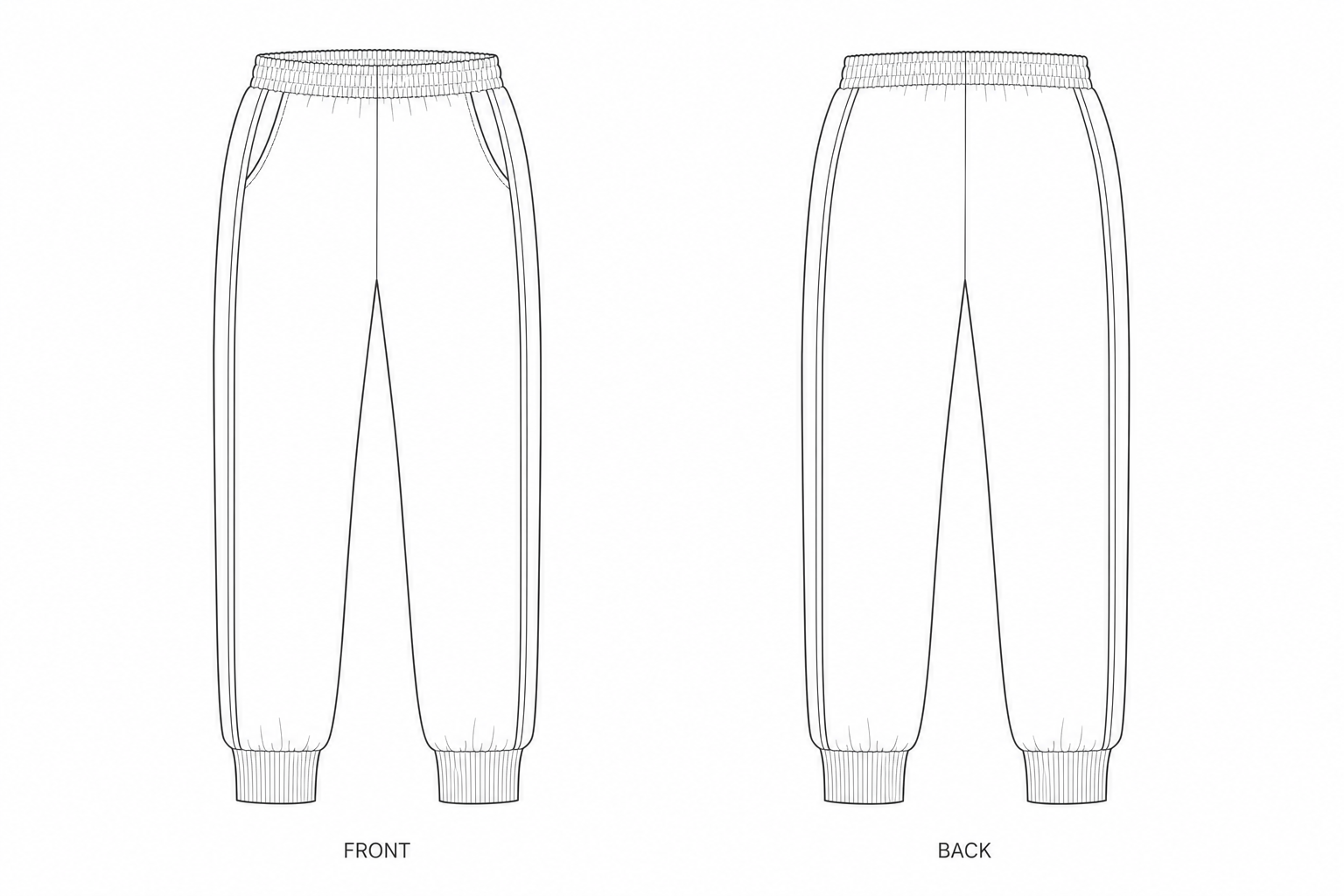 143 Pants Sewing Pattern | Family Side Stripe Jogger Pants front and back technical drawing