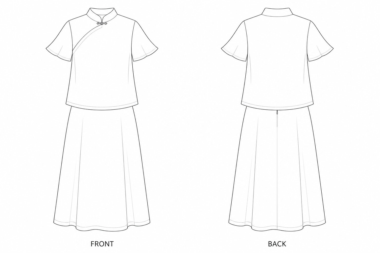 1433 Modern Chinese Frog-Button Top & Skirt Set Sewing Pattern front and back technical drawing