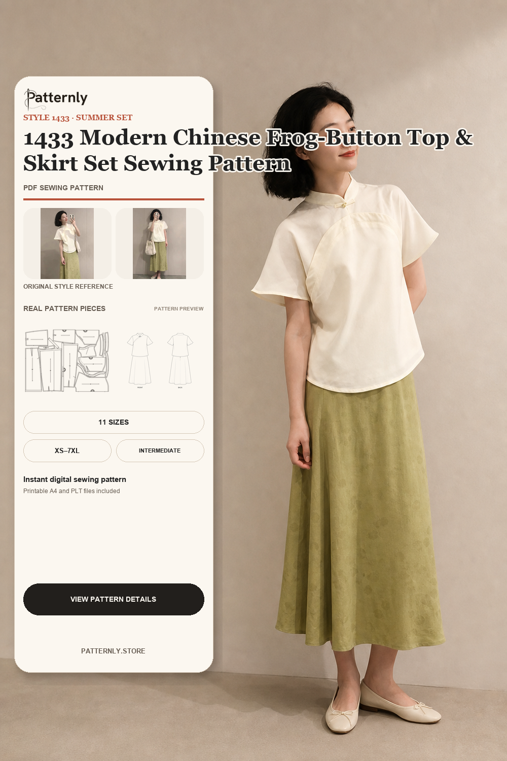 1433 Modern Chinese Frog-Button Top & Skirt Set Sewing Pattern cover