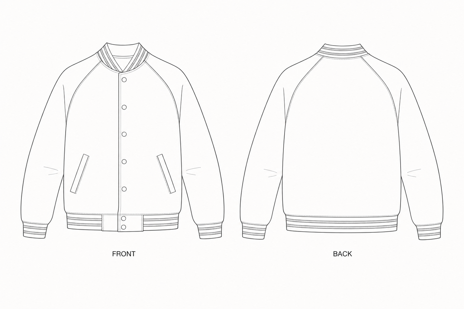 144 Jacket Sewing Pattern | Family Contrast Sleeve Varsity Jacket front and back technical drawing