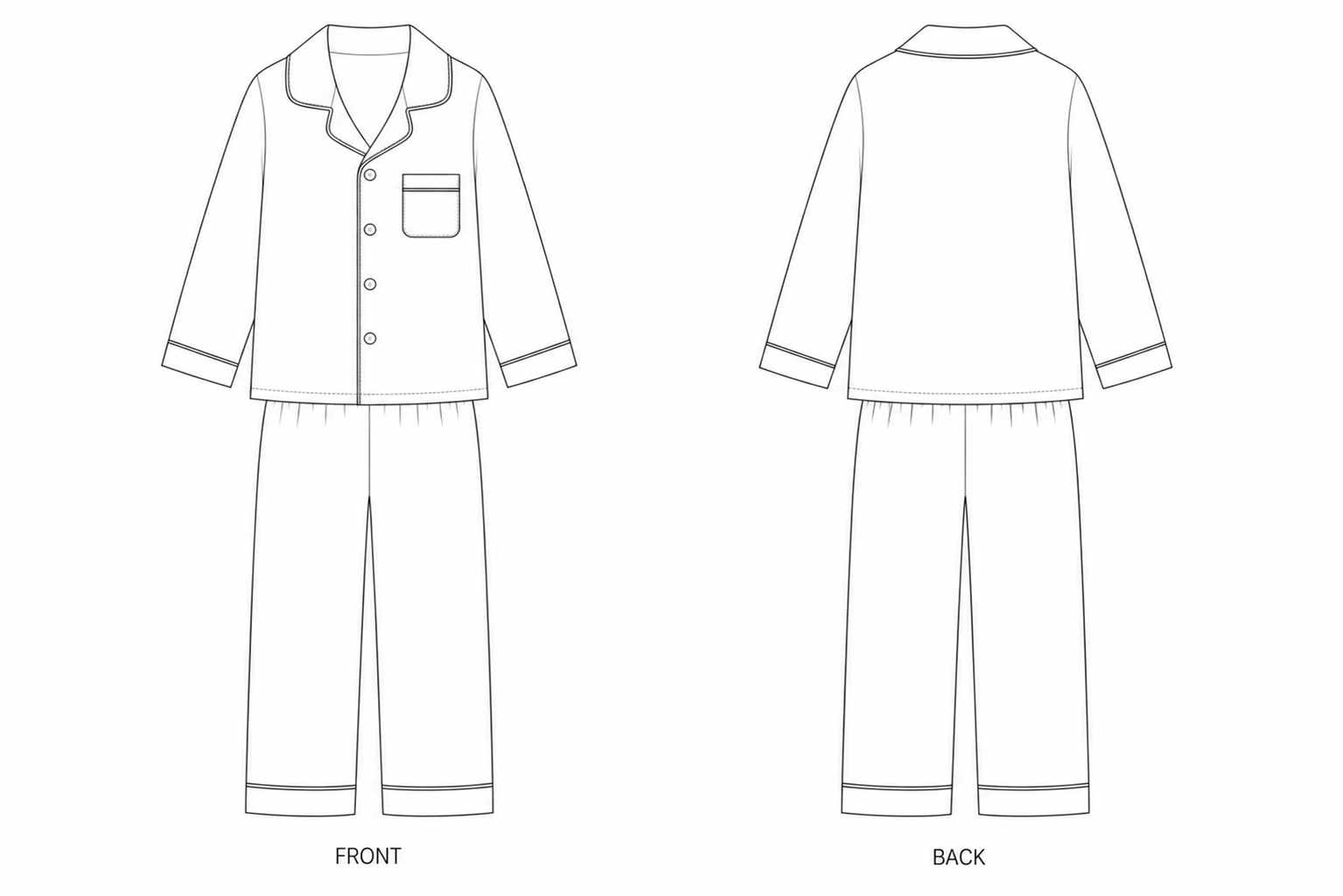 187 Sleepwear Sewing Pattern | Kids Classic Pajama Set front and back technical drawing