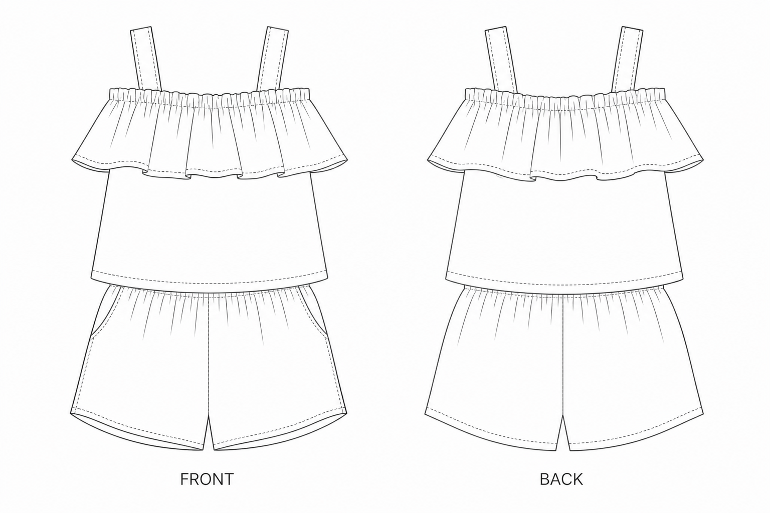 19052 Kids' Strappy Top & Shorts Set Sewing Pattern front and back technical drawing