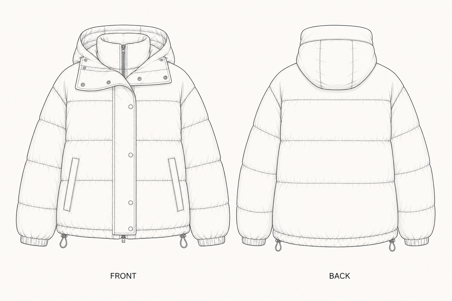 196 Coat Sewing Pattern | Family High Collar Puffer Jacket front and back technical drawing