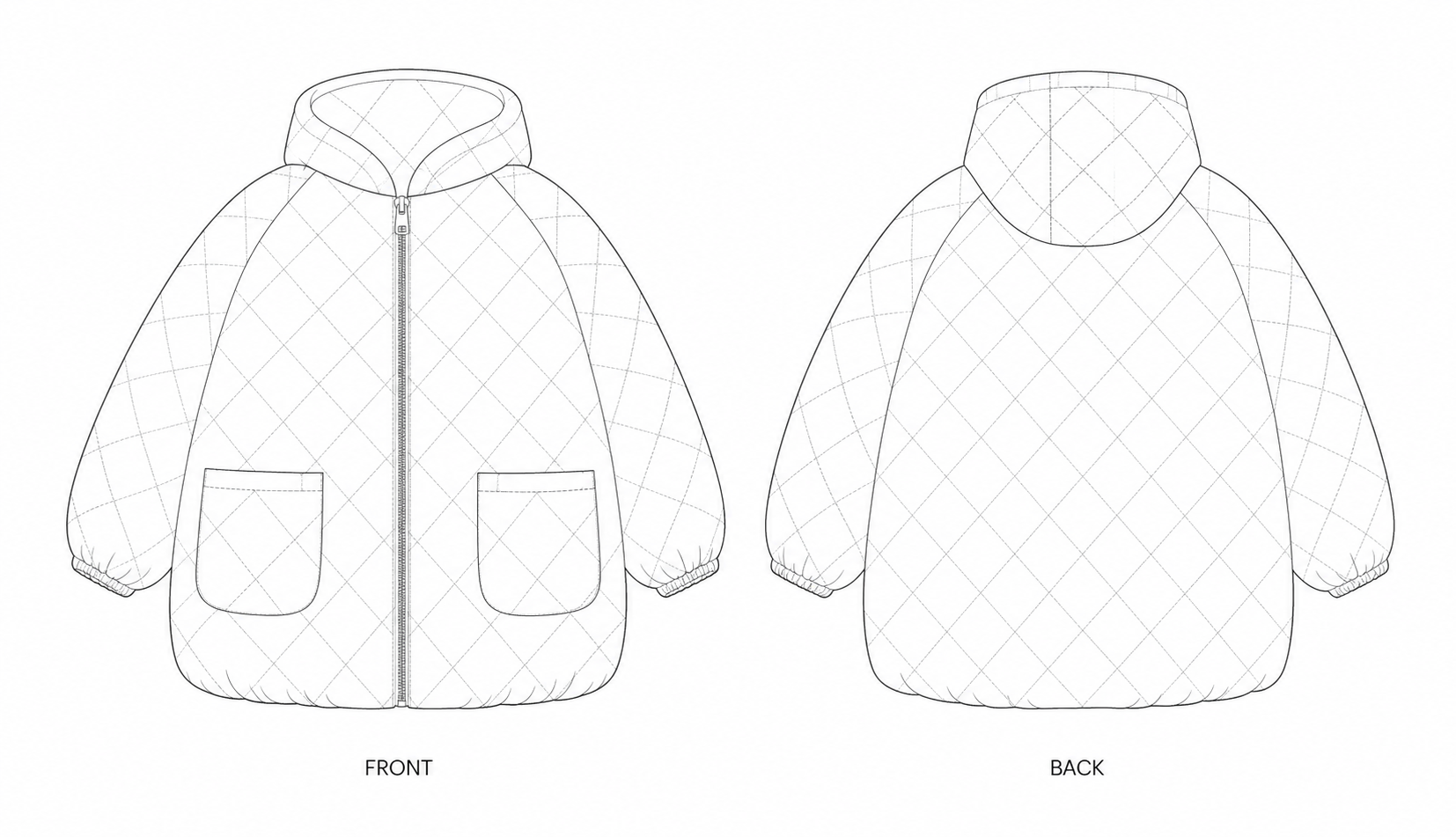 199 Coat Sewing Pattern | Kids Quilted Hooded Coat front and back technical drawing