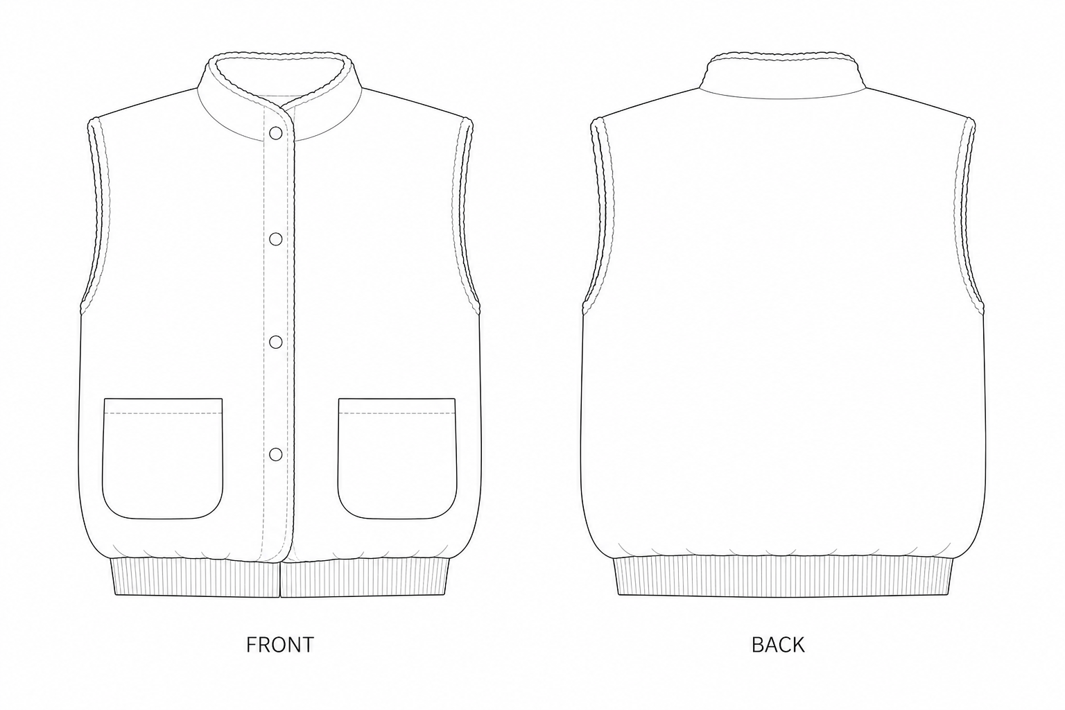 2003 Vest Sewing Pattern | Reversible Sherpa Vest front and back technical drawing