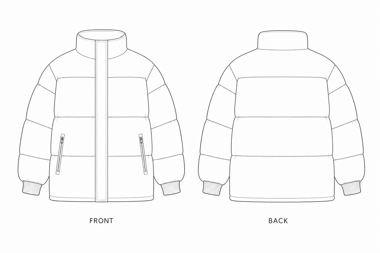 2004 Coat Sewing Pattern | Boys Ombre Puffer Coat front and back technical drawing