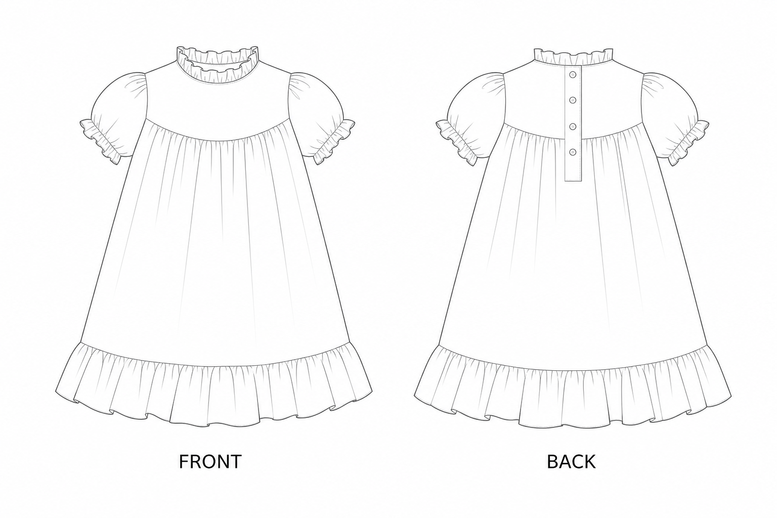 2016 Girls' Dress Sewing Pattern | Ruffle Dress front and back technical drawing