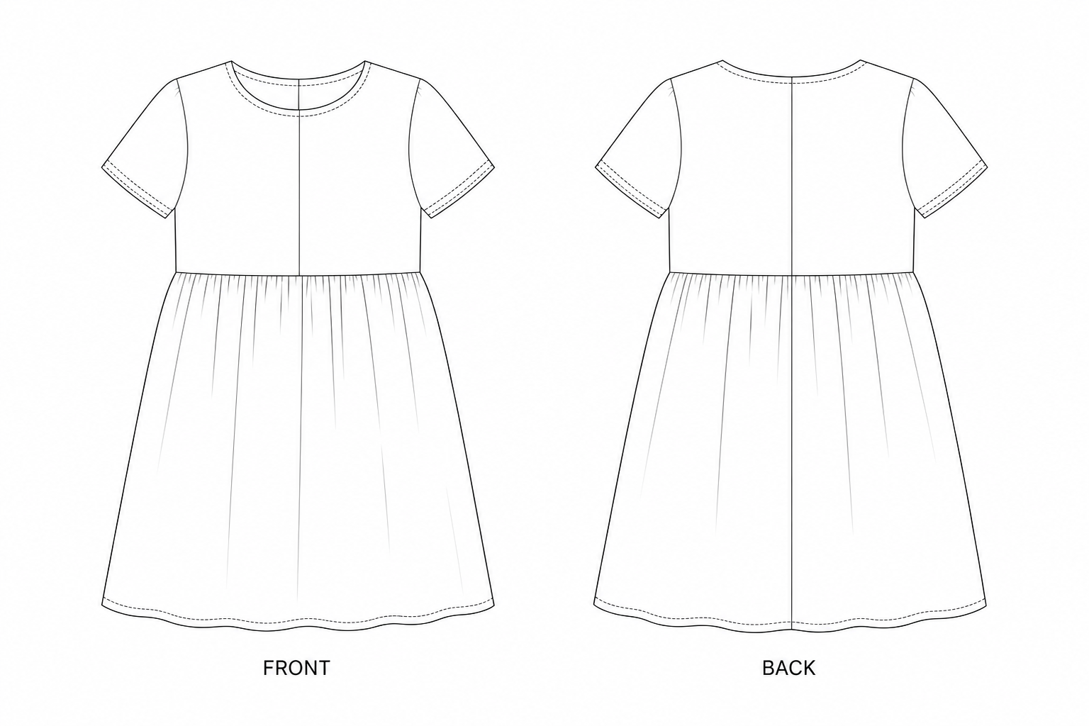 2018 Girls' Dress Sewing Pattern | Green Floral Dress front and back technical drawing