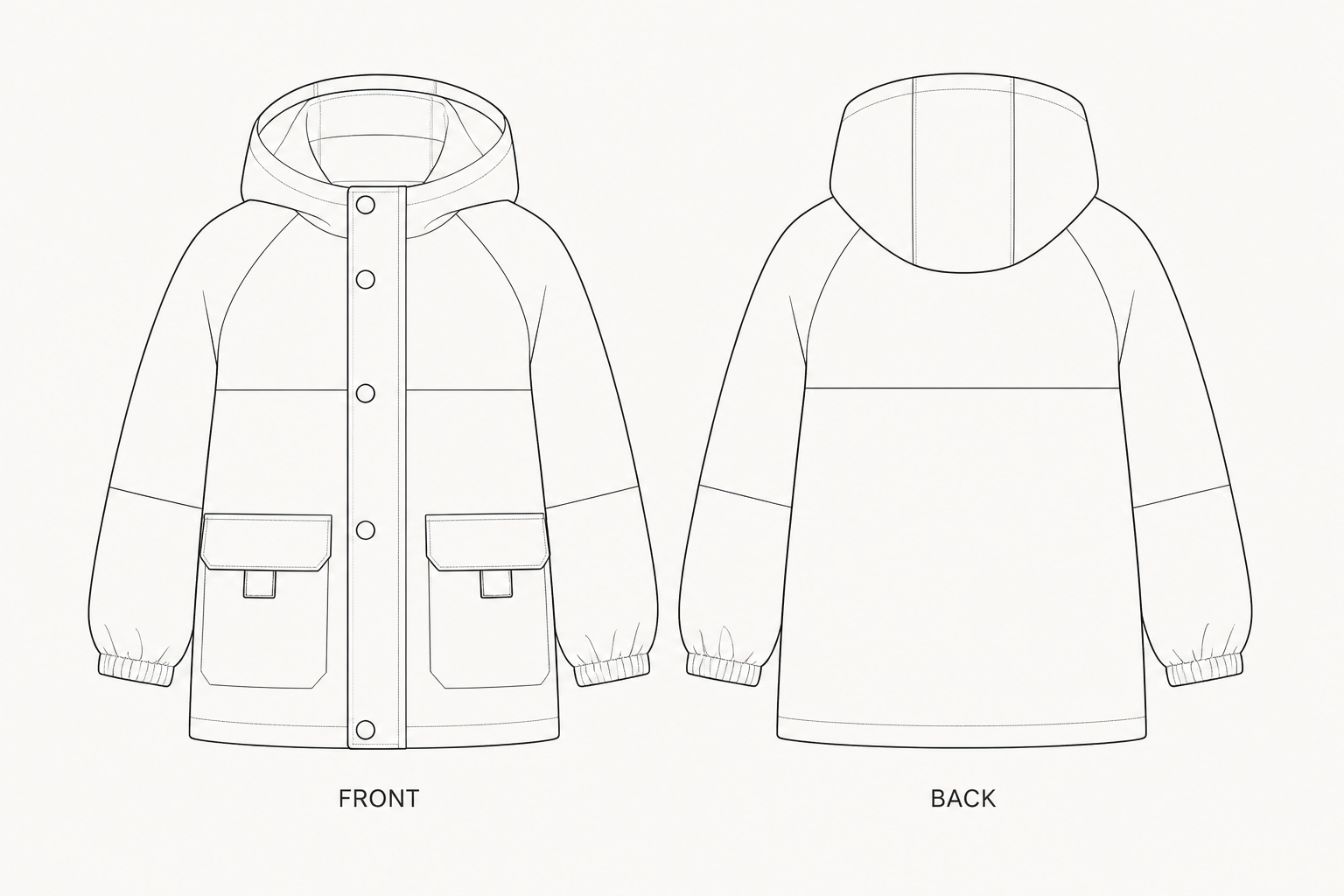 2026 Coat Sewing Pattern front and back technical drawing