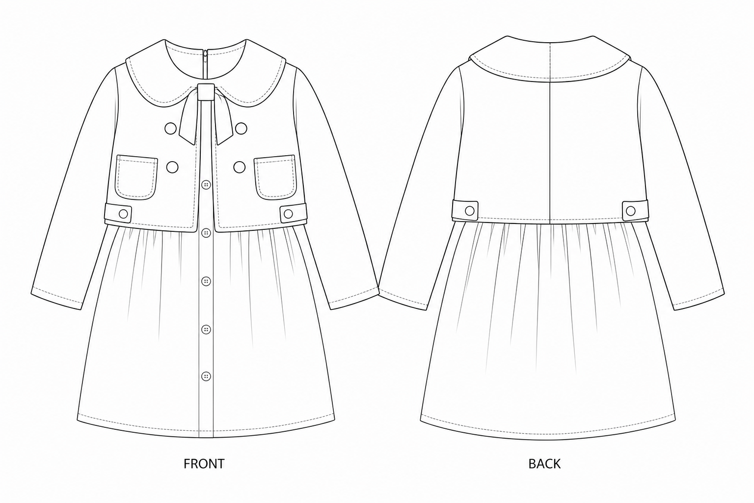 2027 Coat Sewing Pattern | Girls' winter coat set front and back technical drawing