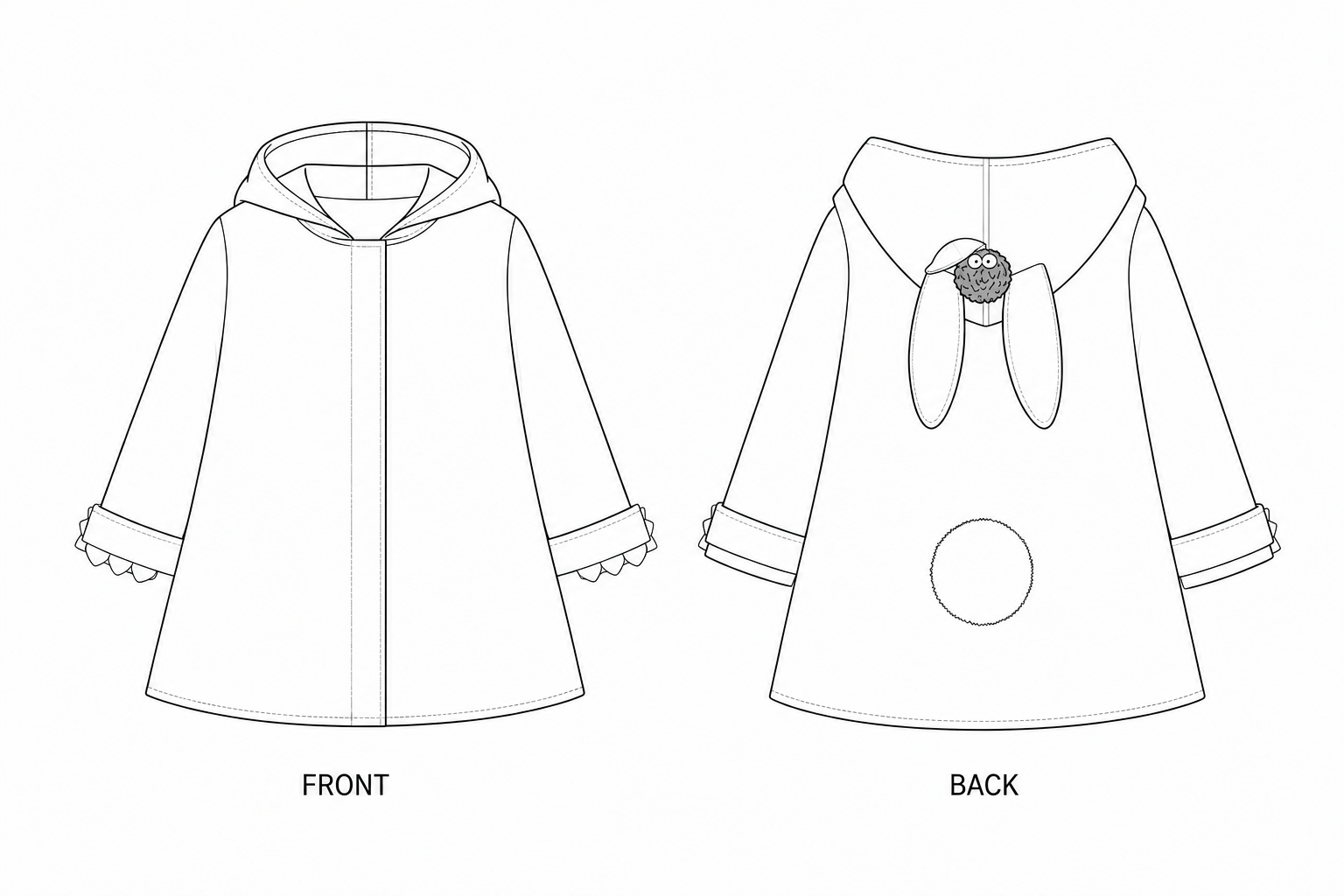 2028 Coat Sewing Pattern | Kids' animal-hood wool coat front and back technical drawing