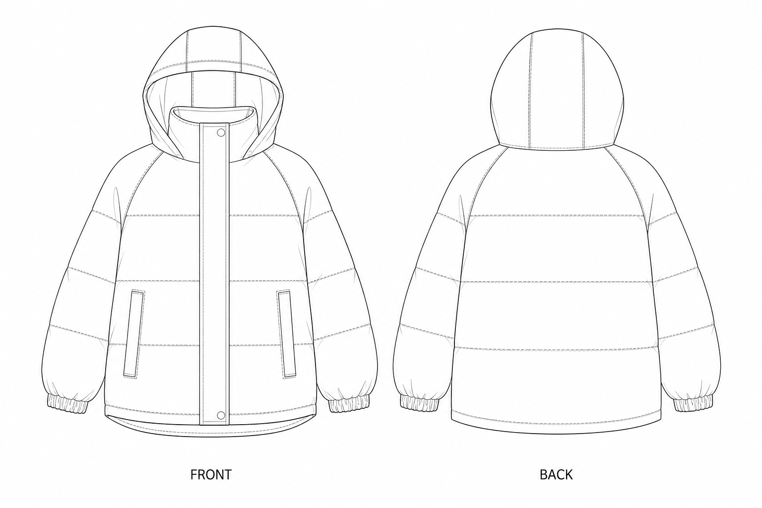 2029 Coat Sewing Pattern | Family Hooded Puffer Jacket front and back technical drawing