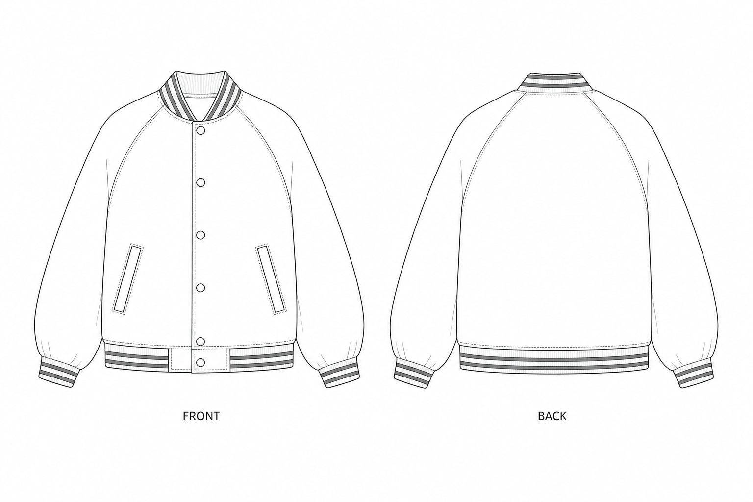 2030 Coat Sewing Pattern | Kids Padded Varsity Jacket front and back technical drawing