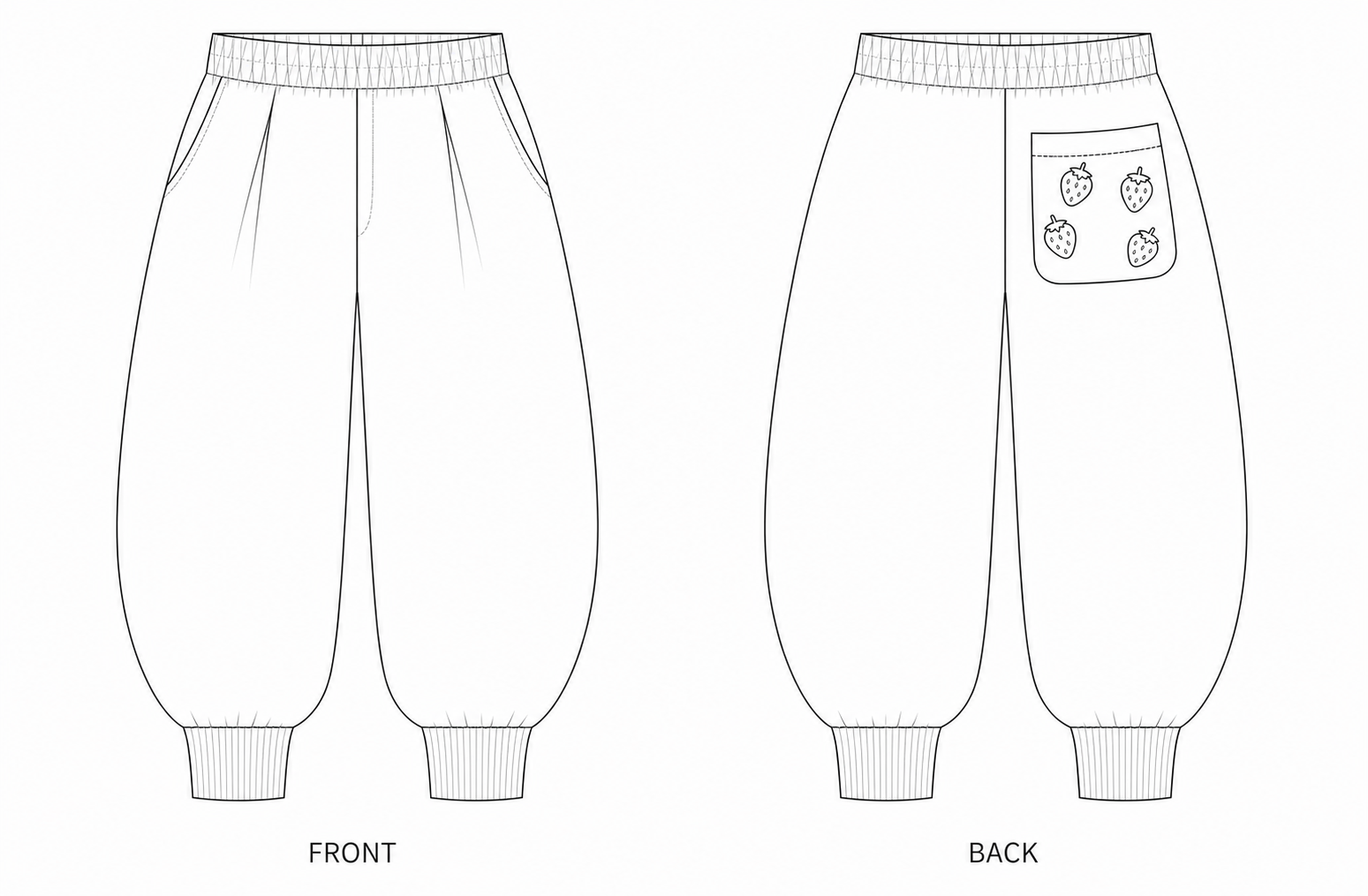 2031 Pants Sewing Pattern | Kids' corduroy balloon pants front and back technical drawing