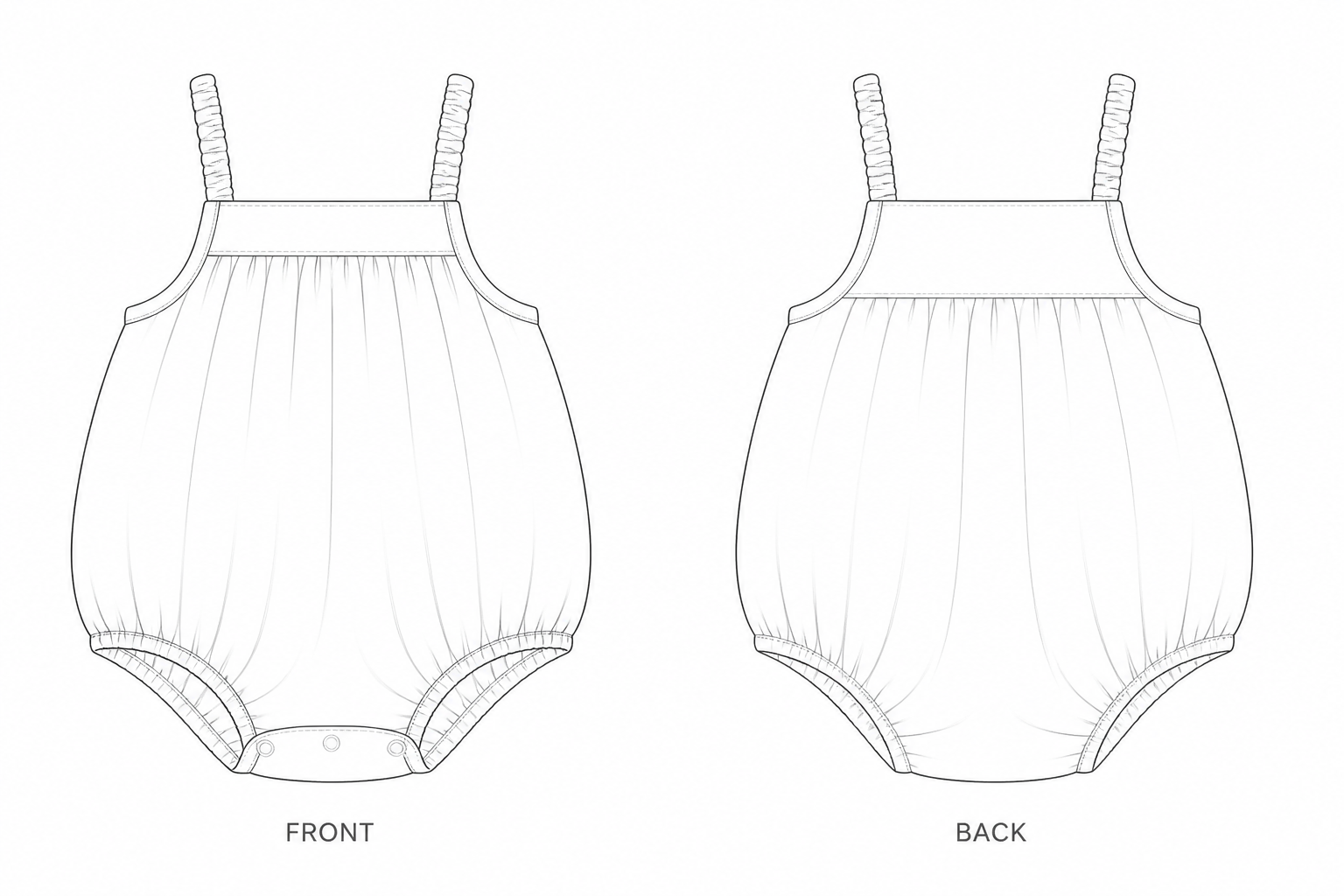2072 Baby Strap Bodysuit Sewing Pattern | Baby strap bodysuit front and back technical drawing