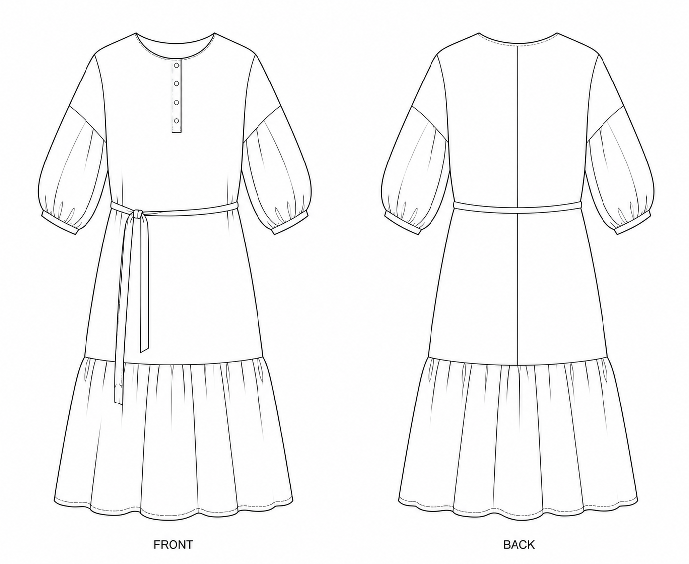 Mother & Daughter Dress Sewing Pattern | Patternly 224 front and back technical drawing