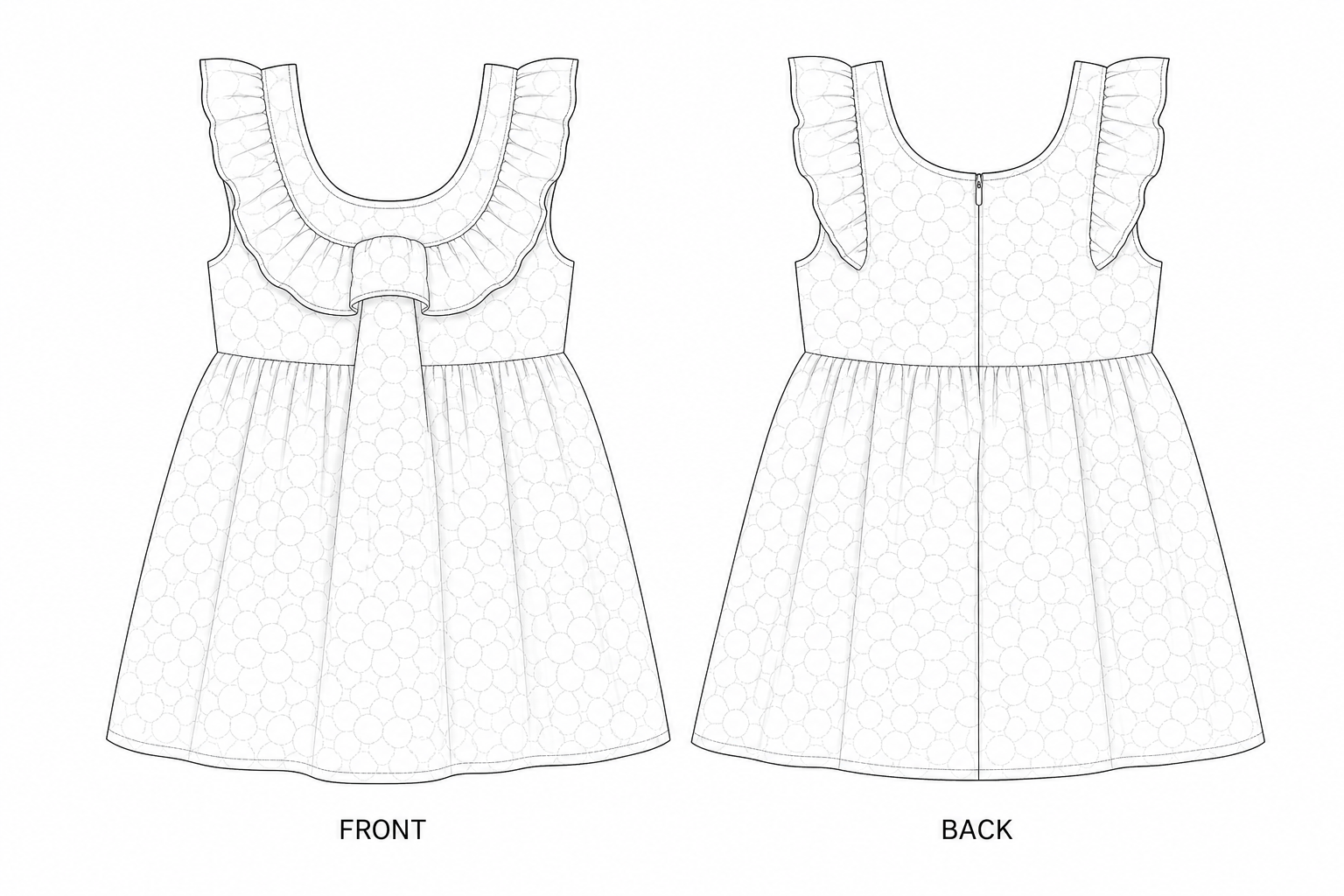 2323 Girls' Quilted Ruffle Pinafore Dress Sewing Pattern front and back technical drawing