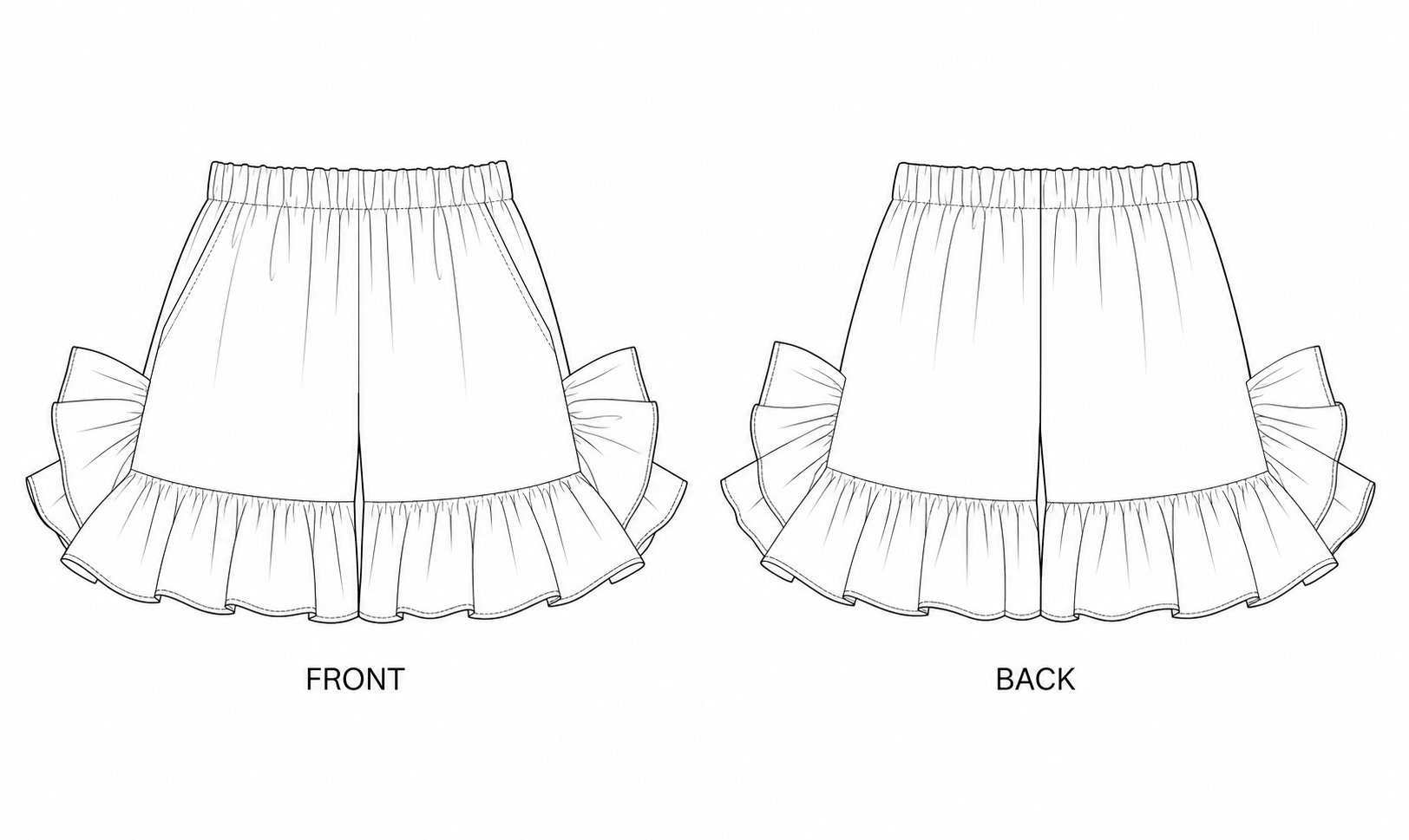 2339 Girls' Ruffle Shorts Sewing Pattern front and back technical drawing