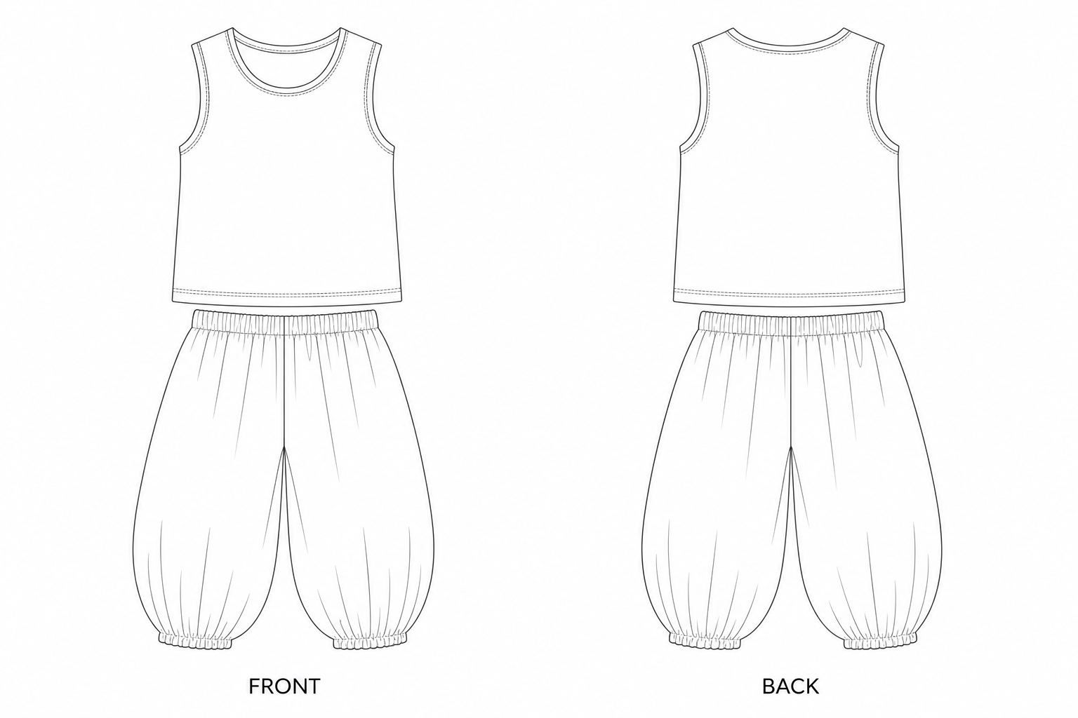 2380 Kids' Tank Top & Lantern Pants Set Sewing Pattern front and back technical drawing