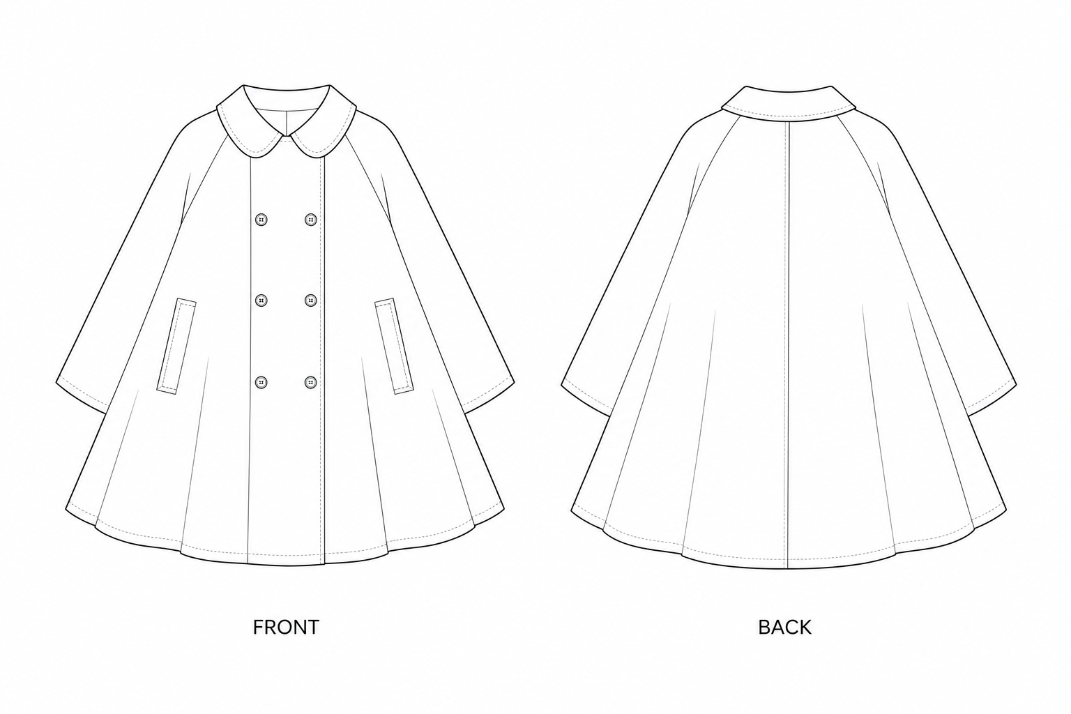 2402 Kids' Flared Trench Coat Sewing Pattern front and back technical drawing