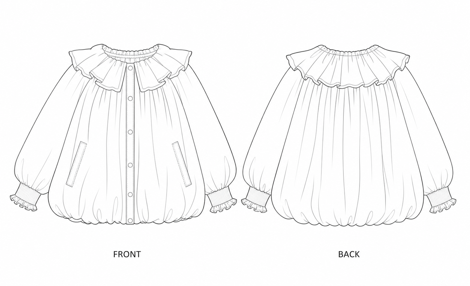 2405 Girls' Bubble-Hem Coat Sewing Pattern front and back technical drawing