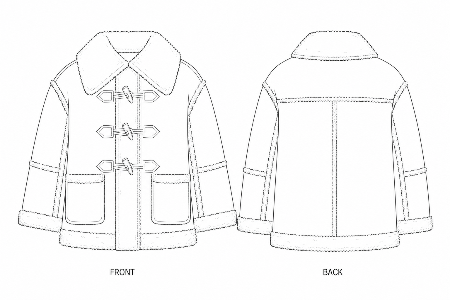 2412 Kids' Faux-Shearling Jacket Sewing Pattern front and back technical drawing
