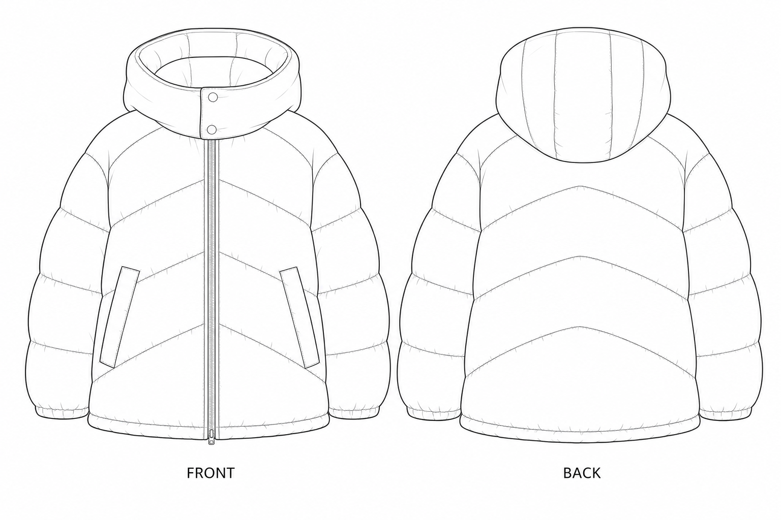 2414 Kids' Hooded Puffer Jacket Sewing Pattern front and back technical drawing