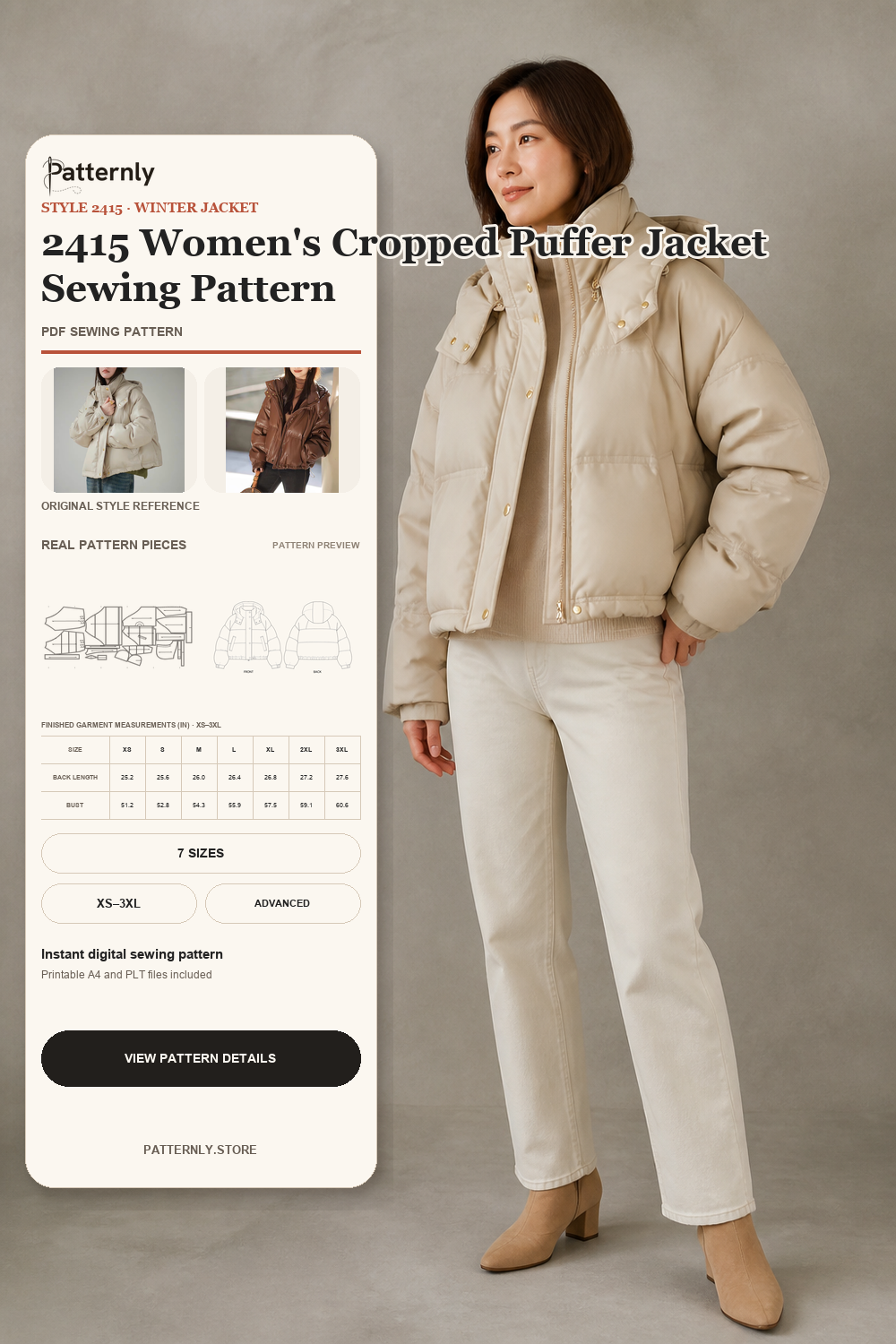 2415 Women's Cropped Puffer Jacket Sewing Pattern