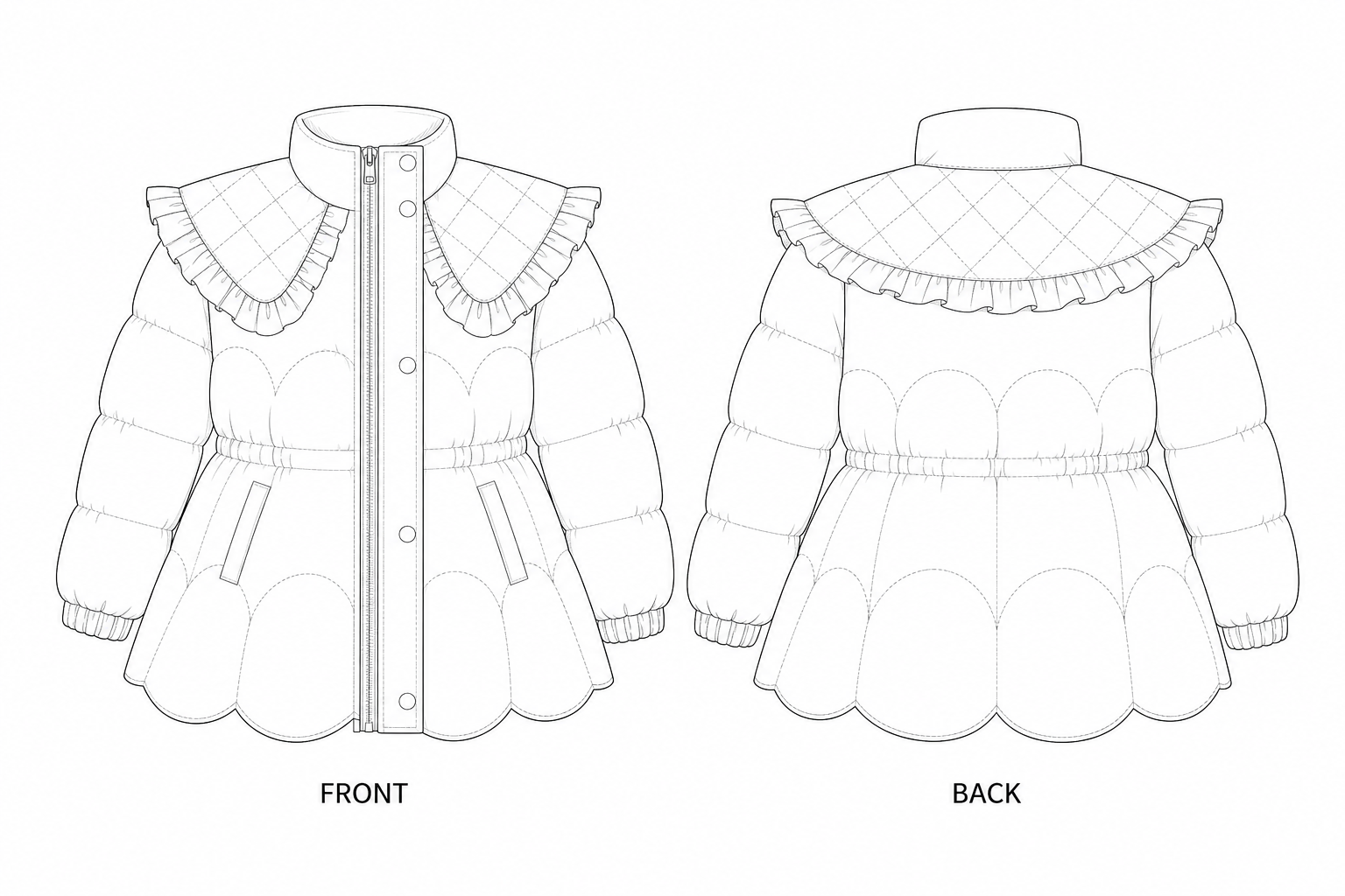 2416 Girls' Peter Pan Collar Puffer Sewing Pattern front and back technical drawing