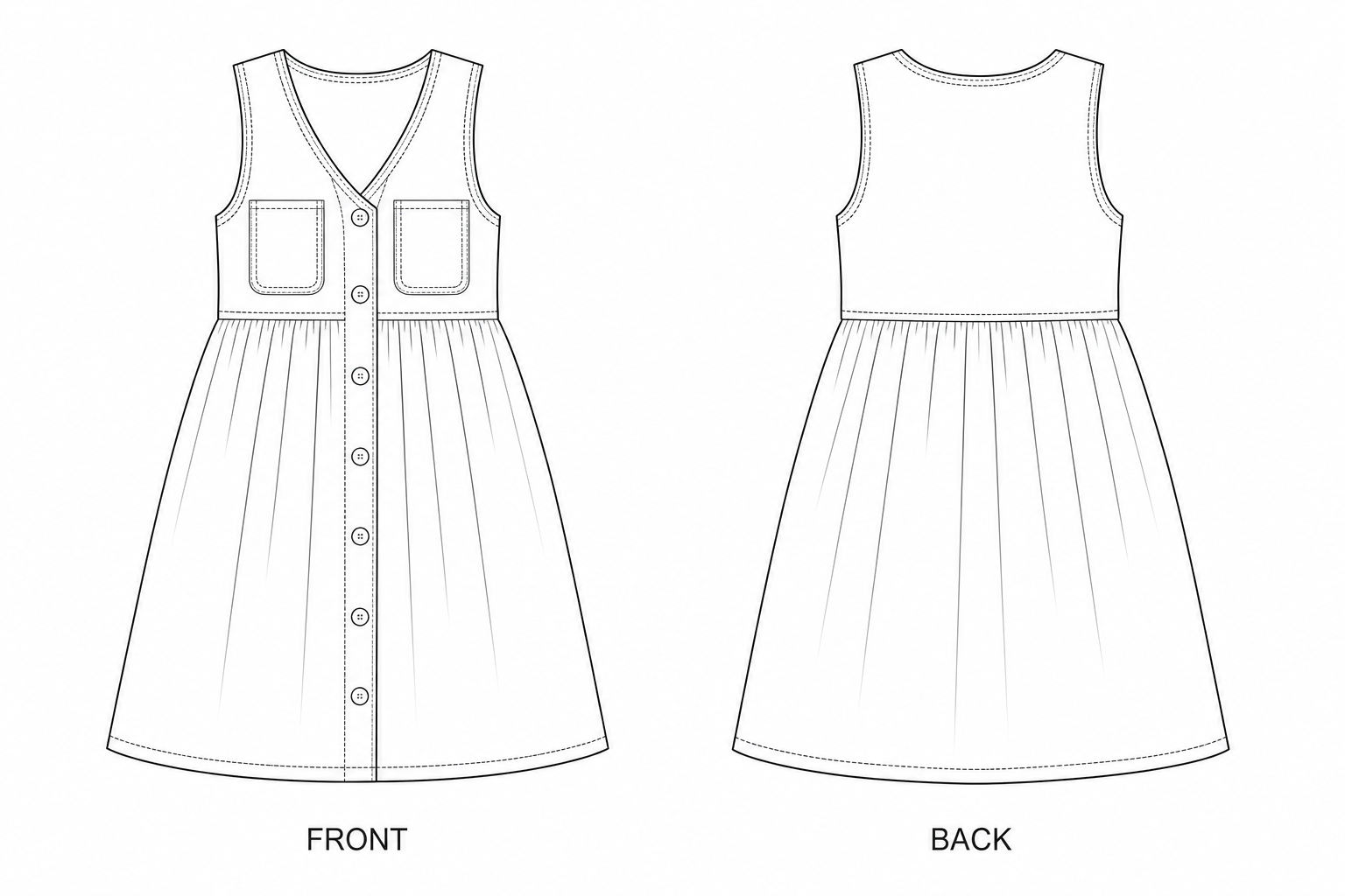 2423 Girls' Denim Jumper Dress Sewing Pattern front and back technical drawing