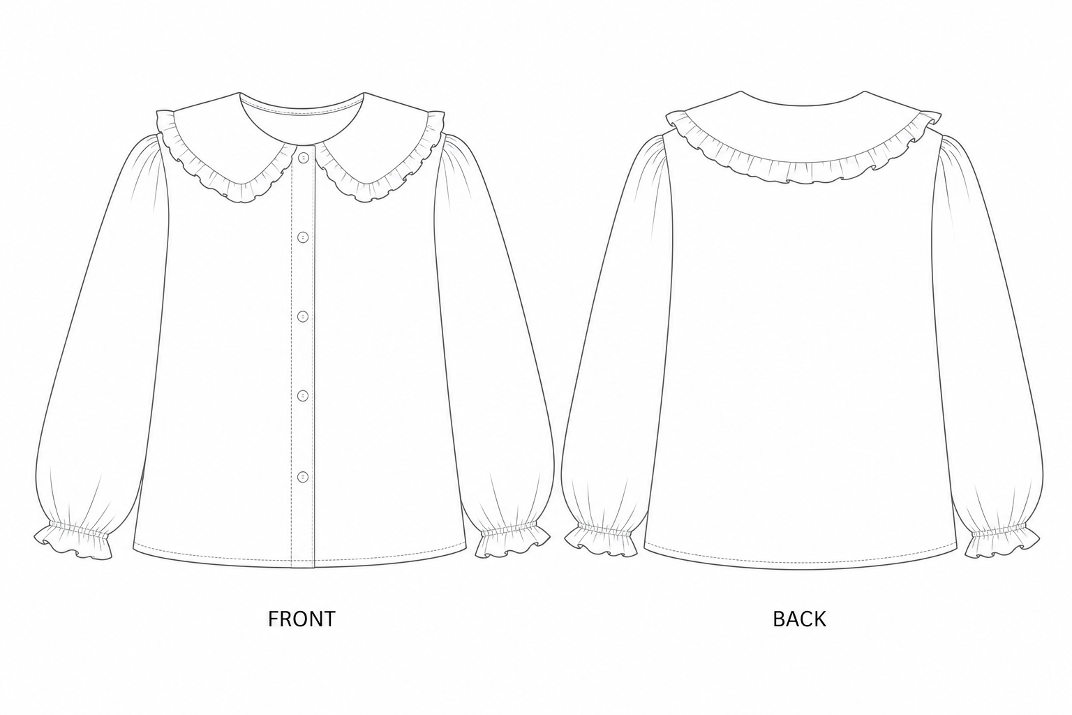 2424 Girls' Peter Pan Collar Blouse Sewing Pattern front and back technical drawing