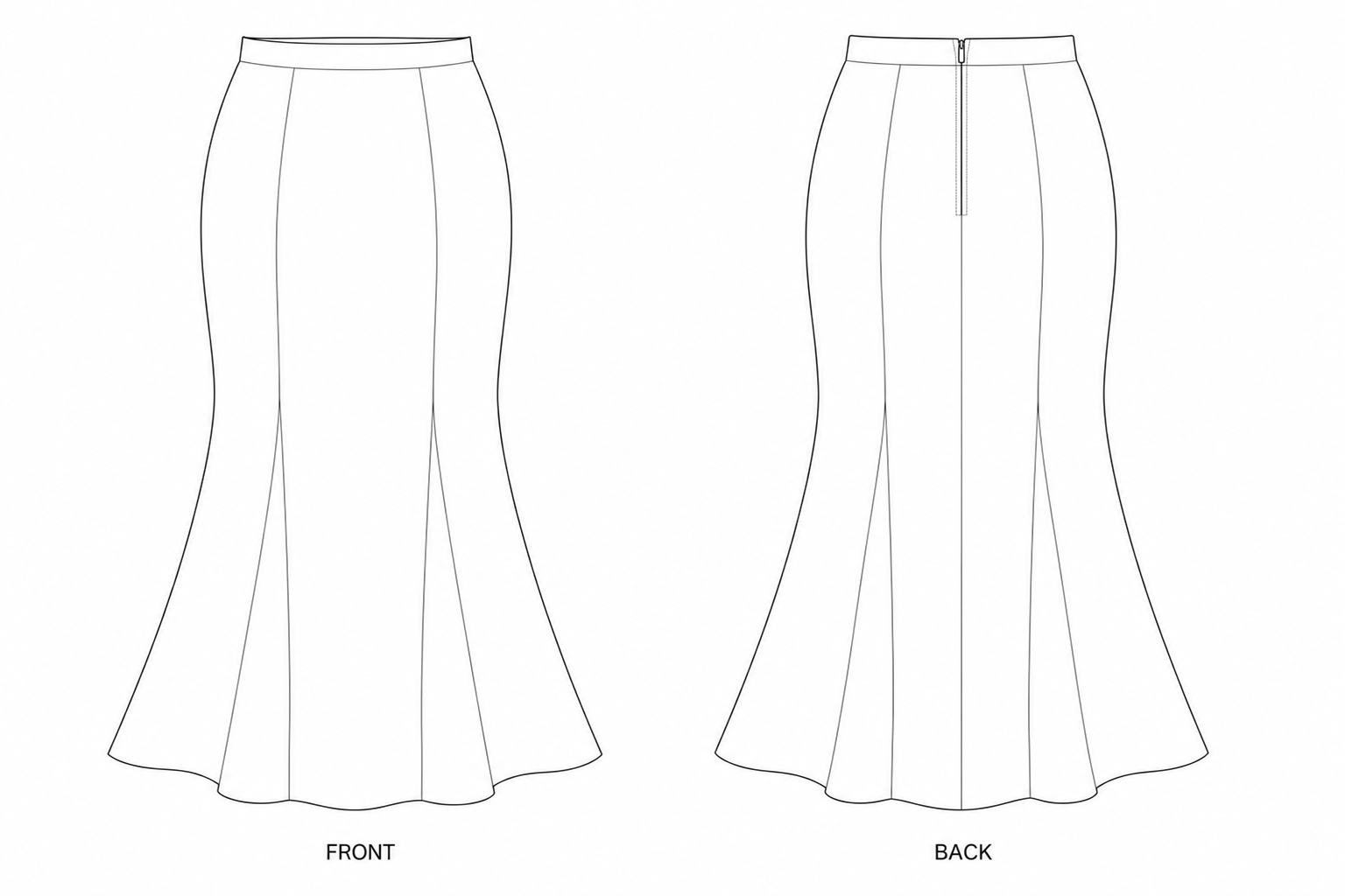 2427 Women's Mermaid Skirt Sewing Pattern front and back technical drawing
