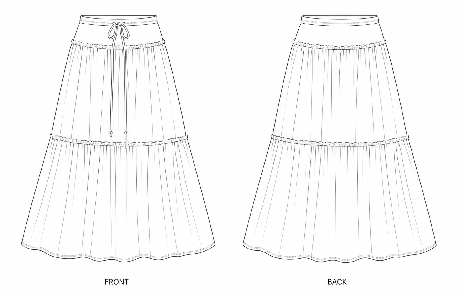 2467 Women's Pink Gingham Tiered Maxi Skirt Sewing Pattern front and back technical drawing