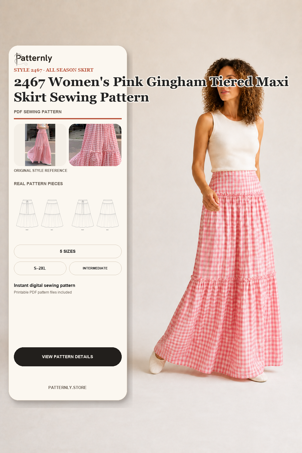 2467 Women's Pink Gingham Tiered Maxi Skirt Sewing Pattern cover