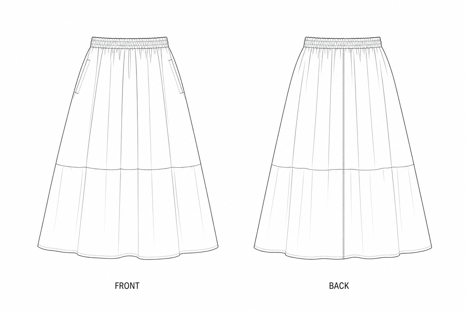 2469 Women's Maxi Skirt Sewing Pattern front and back technical drawing
