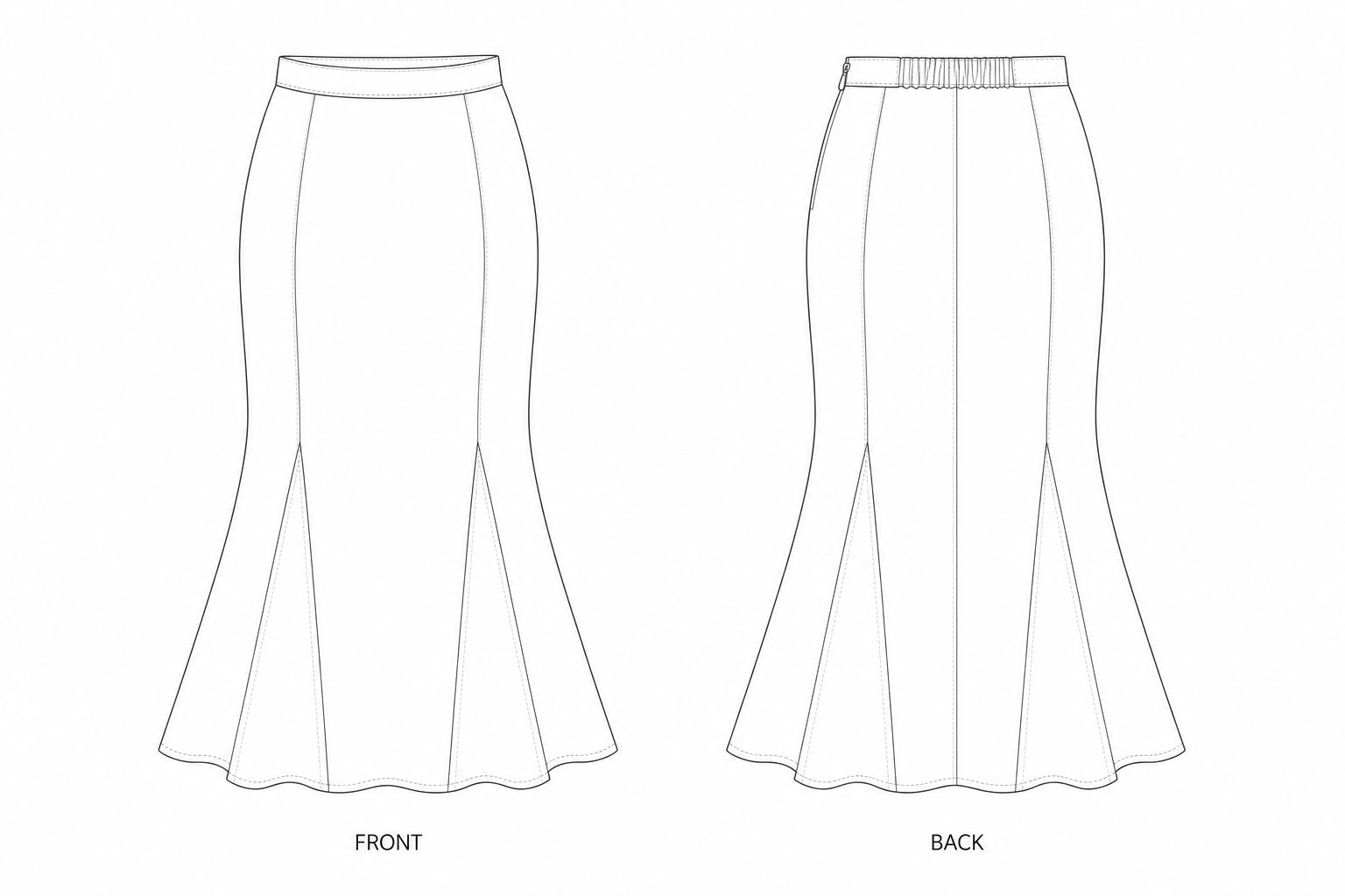 2502 Women's Mermaid Skirt Sewing Pattern front and back technical drawing