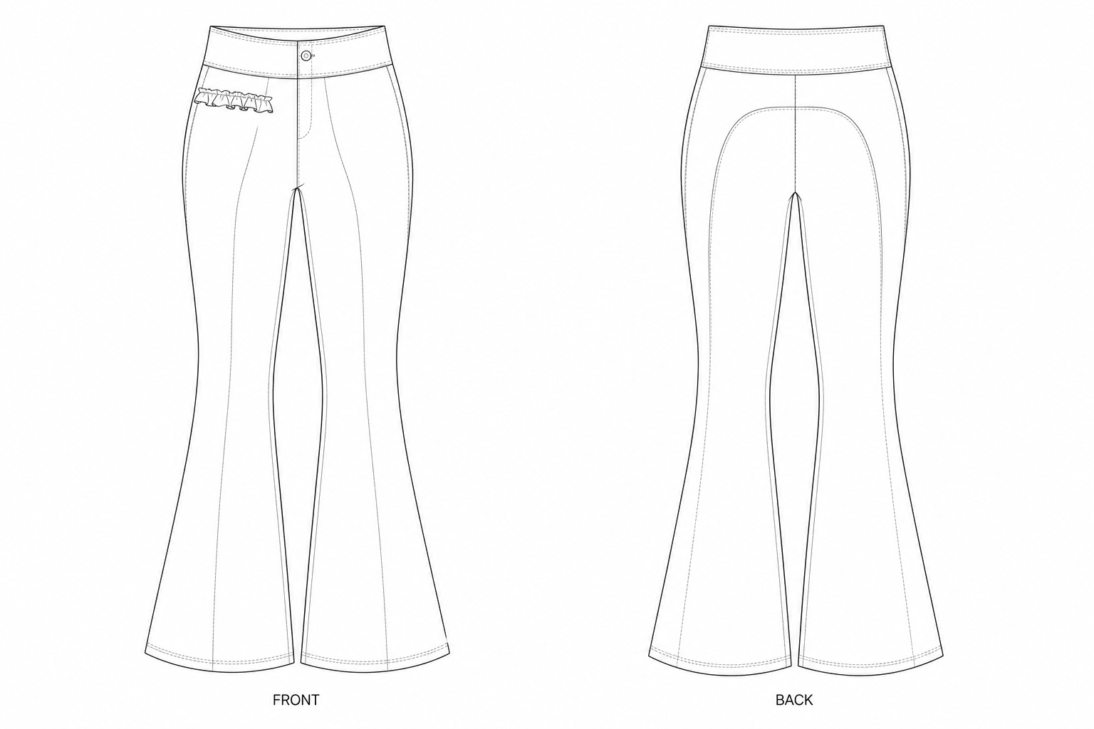2518 Women's Ruffle-Trim Flared Pants Sewing Pattern front and back technical drawing