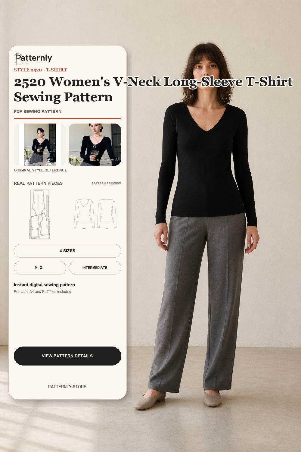2520 Women's V-Neck Long-Sleeve T-Shirt Sewing Pattern cover