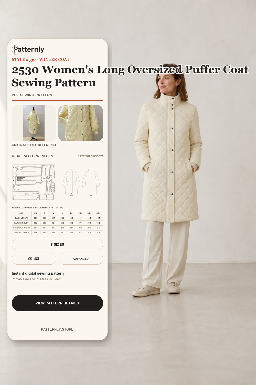 2530 Women's Long Oversized Puffer Coat Sewing Pattern cover