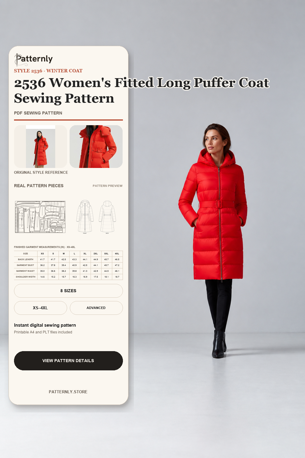 2536 Women's Fitted Long Puffer Coat Sewing Pattern cover