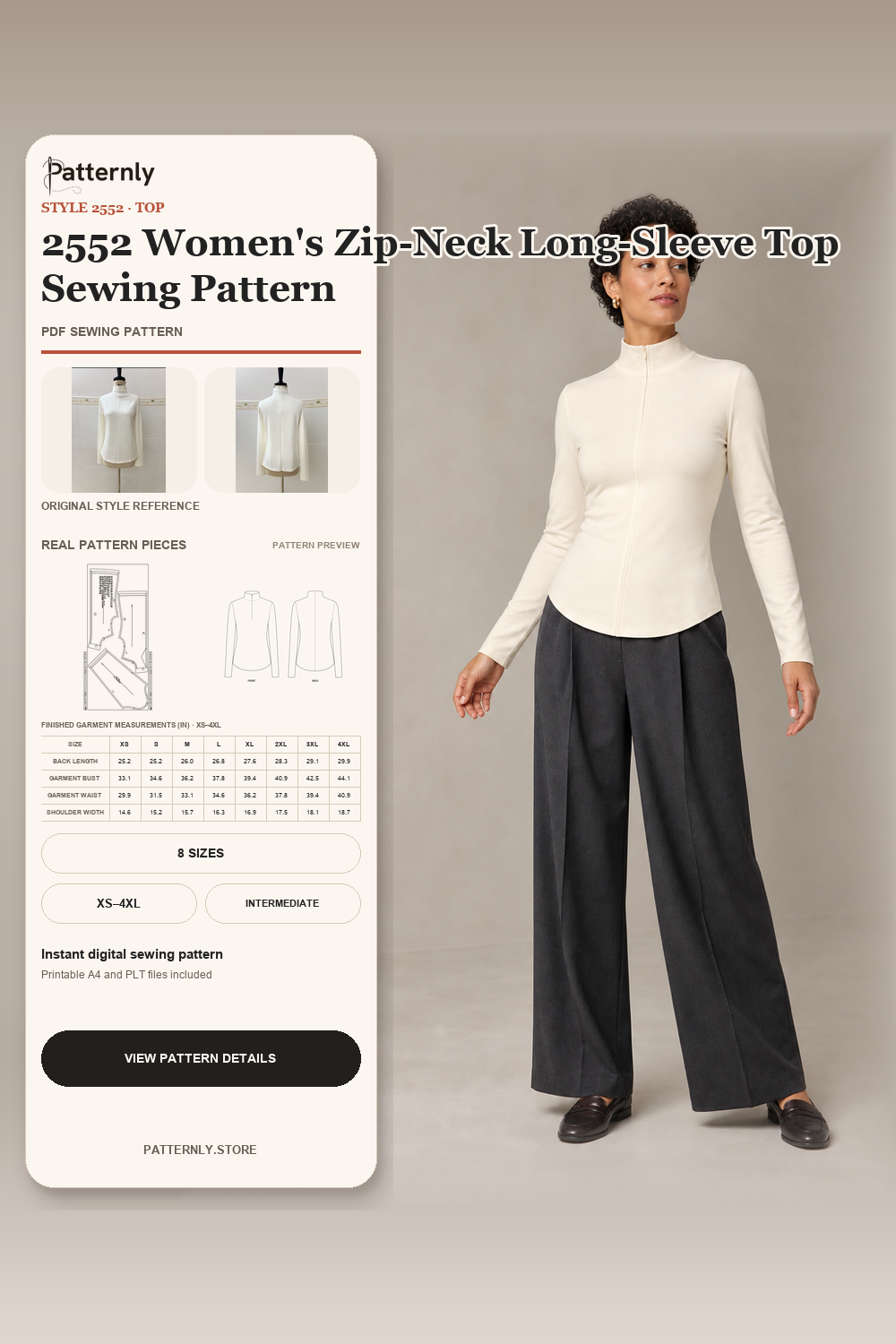2552 Women's Zip-Neck Long-Sleeve Top Sewing Pattern cover
