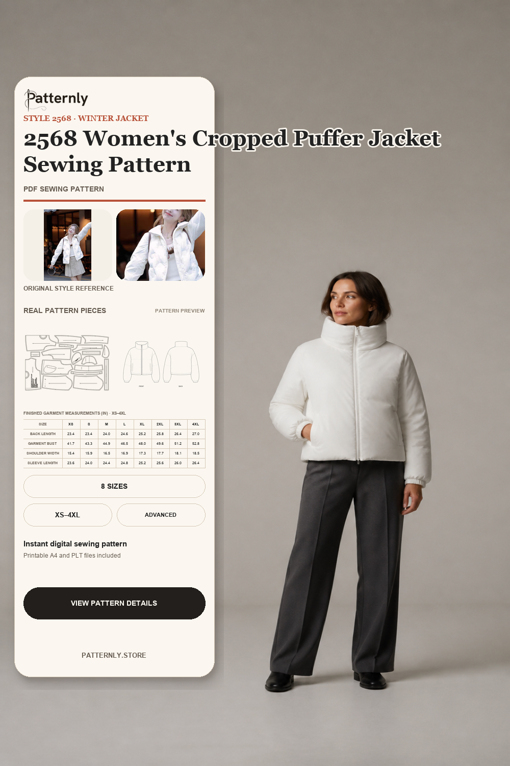 2568 Women's Cropped Puffer Jacket Sewing Pattern cover