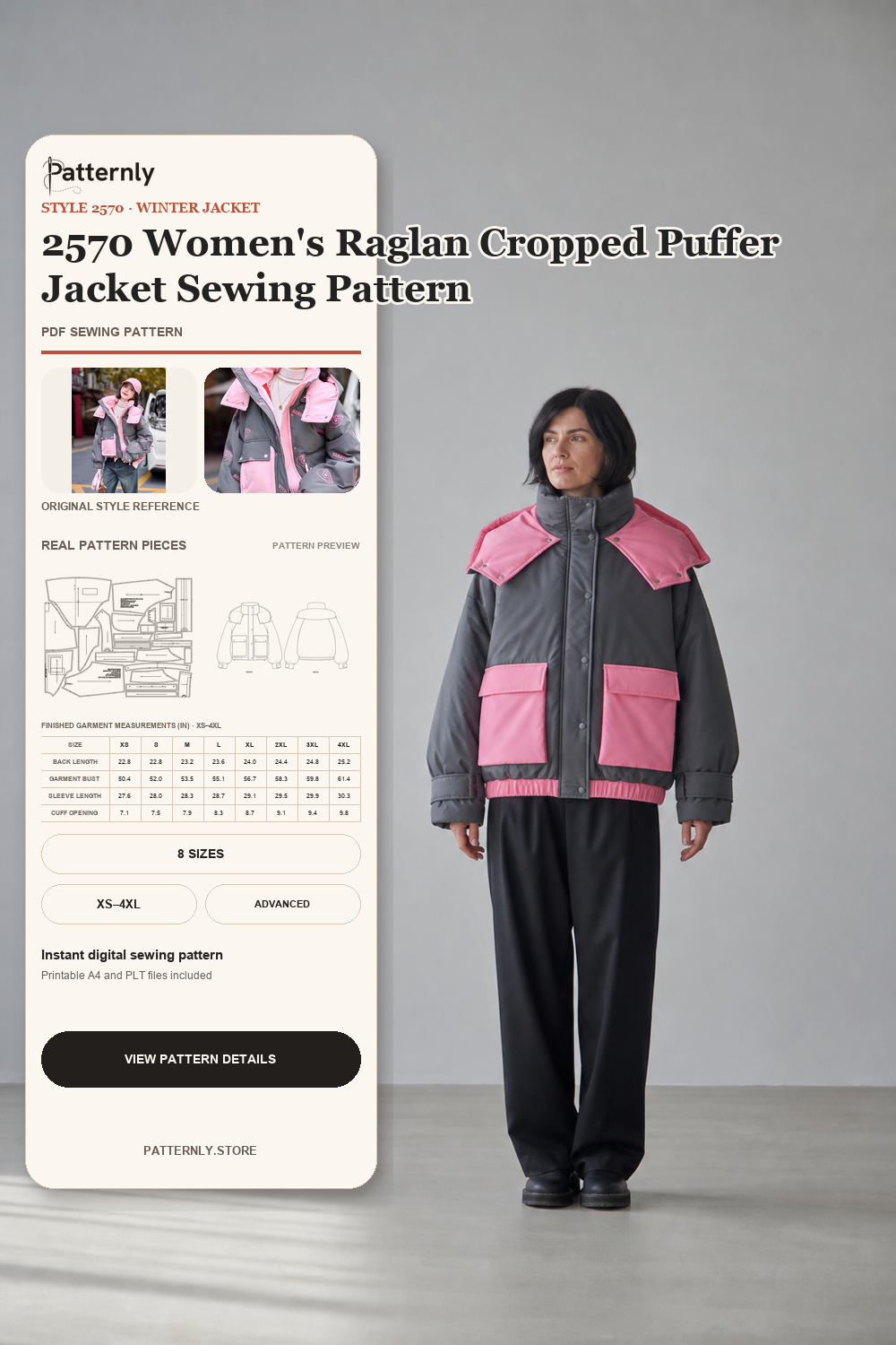 2570 Women's Raglan Cropped Puffer Jacket Sewing Pattern cover
