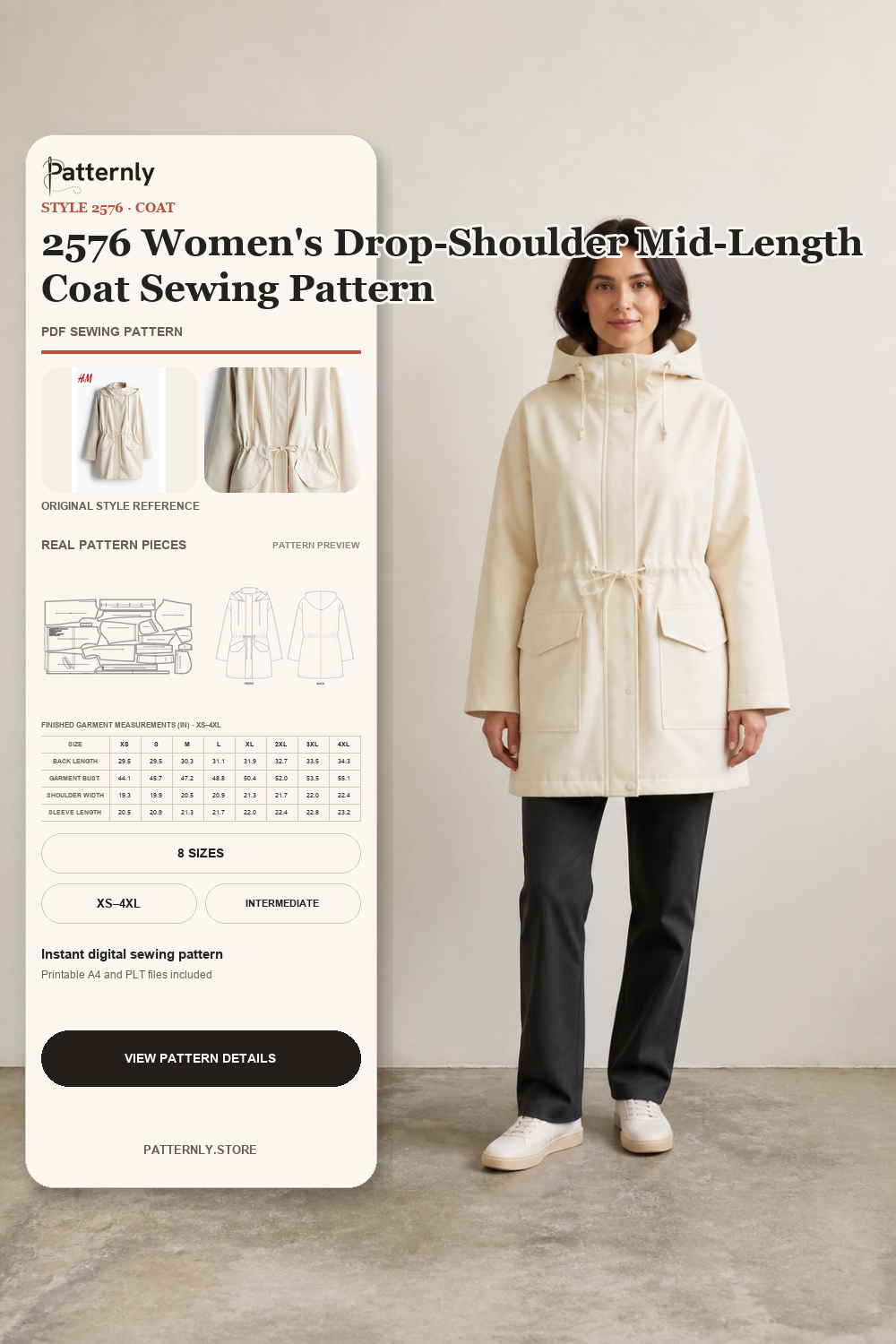 2576 Women's Drop-Shoulder Mid-Length Coat Sewing Pattern cover