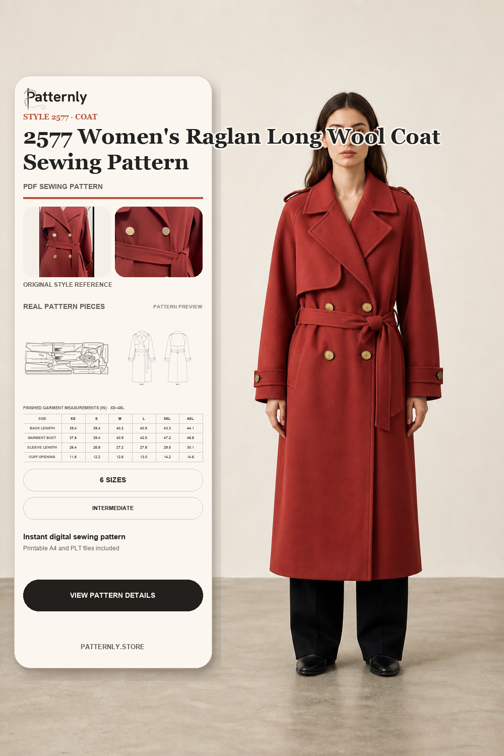 2577 Women's Raglan Long Wool Coat Sewing Pattern cover
